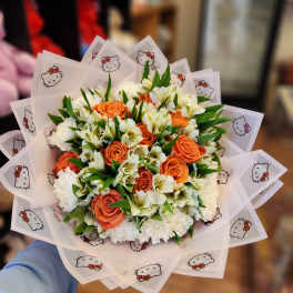Orange roses and white flowers in Hello Kitty wrapping