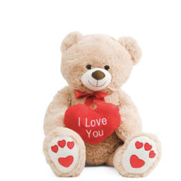 Plush teddy bear holding a red heart with "I Love You" text