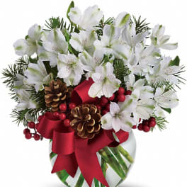 White flowers in a glass vase with pinecones and a red ribbon