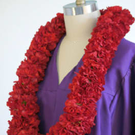 Red flower lei draped over a purple garment on a dress form