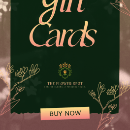 Dark green floral-themed gift card design with large 'Gift Cards' text and a buy now button.