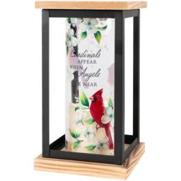 Decorative lantern with a cardinal and floral memorial message