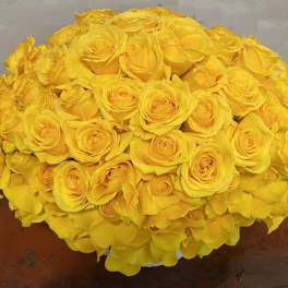 125 Yellow Roses arranged in a ceramic vase