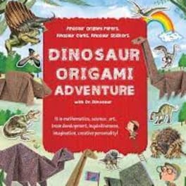 A book cover with dinosaurs around a red title panel