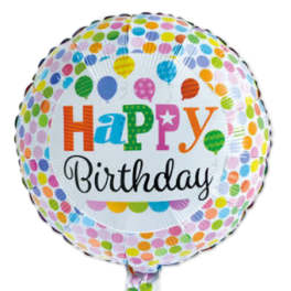 Round birthday balloon with colorful polka dots and "Happy Birthday" text
