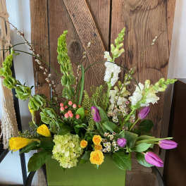 Rectangular arrangement with yellow roses, purple tulips, white snapdragons, and green bells of Ireland in a green container.