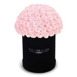 Pink roses arranged in a black round box