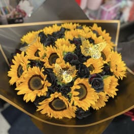 Black roses and black sunflowers