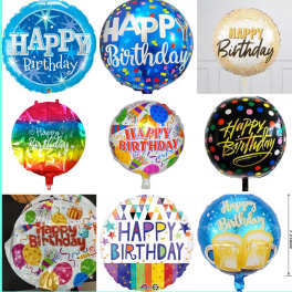 Collage of colorful round birthday balloons with "Happy Birthday" text.