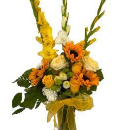 Yellow and white floral arrangement with sunflowers and roses