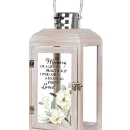 Wooden memorial lantern with white floral print and metal handle