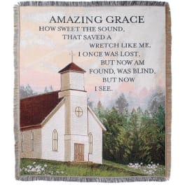 Fringed throw blanket with a church scene and "Amazing Grace" text