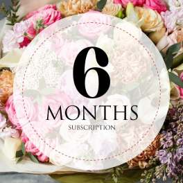 Mixed pink and cream flower bouquet with a "6 months subscription" label