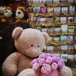 Pink teddy bear with a box of pink flowers and two smaller plush dogs behind it