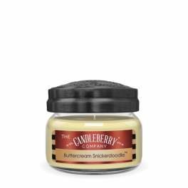Jar candle with a black lid and Buttercream Snickerdoodle label