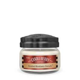 Jar candle with a black lid and Frosted Blueberry Donuts label