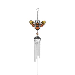Bee-themed metal wind chime with silver tubes and a hanging faceted crystal prism