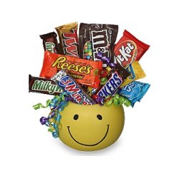 Smiley-face container filled with assorted candy bars