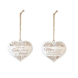 Two heart-shaped hanging ornaments with sentimental text