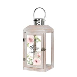 Wooden lantern with floral print and memorial text