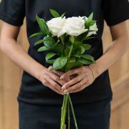 Person holding a small bouquet of white roses