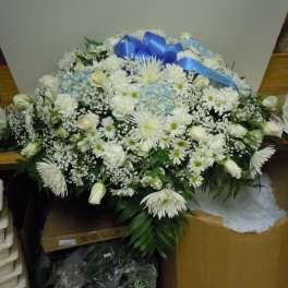 Large white floral spray with a blue ribbon bow