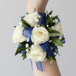 White Rose Corsage with Royal Blue Ribbon