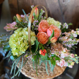 Peach roses, green hydrangeas, and tulips arranged in a woven basket with handle