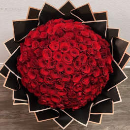 Large bouquet of red roses wrapped in black paper