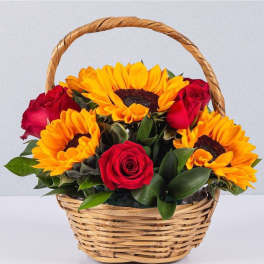 Basket of red roses and yellow sunflowers