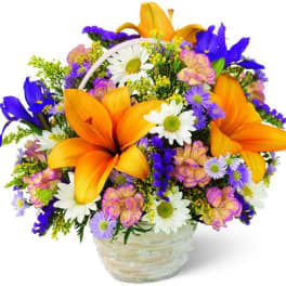 Basket arrangement with orange lilies, daisies, and purple flowers