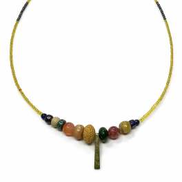 Beaded necklace with multicolored stones and a gold cord