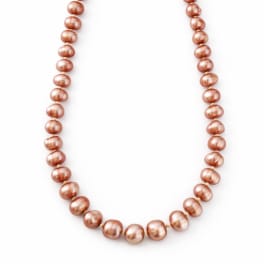 Pink pearl bead necklace with a gold clasp on a white background