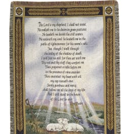 Decorative woven wall hanging with Psalm 23 text and two lambs
