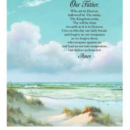 Religious wall art with a beach scene and the Lord's Prayer text