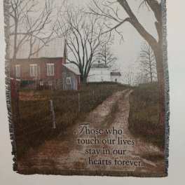 Fringed memorial throw with a farmhouse scene and sympathy quote