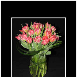 Pink tulip bouquet in a clear glass vase
