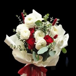 Bouquet of red and white roses wrapped in cream paper with a red ribbon