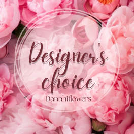 Pink peony blossoms with a "Designer's choice" text overlay
