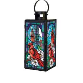 Decorative lantern with cardinal and flower stained-glass panels