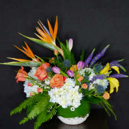 Tropical bouquet with orange bird-of-paradise, roses, and purple spikes in a green vase