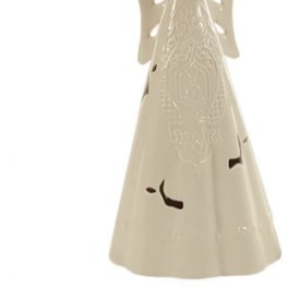 Cream ceramic angel figurine with cutout wings and a long robe