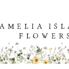 Amelia Island Flowers logo with a watercolor floral border