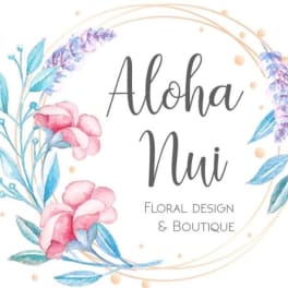 Watercolor floral logo with the text Aloha Nui