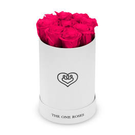Hot pink roses arranged in a white cylindrical box