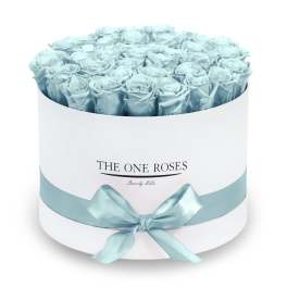 Round box of pale blue roses with a satin ribbon