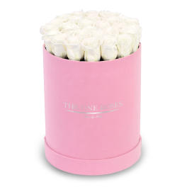 White roses in a pink round box