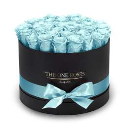 Round box of light blue roses with a satin ribbon