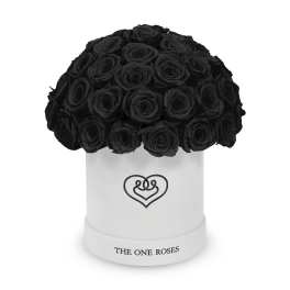 Black roses arranged in a white hat box