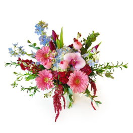Pink and blue mixed bouquet with gerbera daisies and orchids